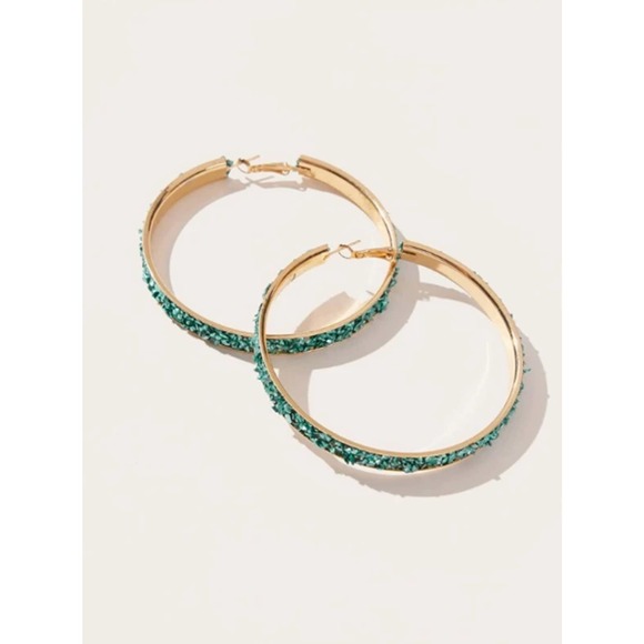 Blue Rhinestone Earrings, Large Rhinestone Hoops - Picture 2 of 6